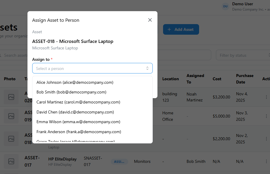 Asset assignment interface