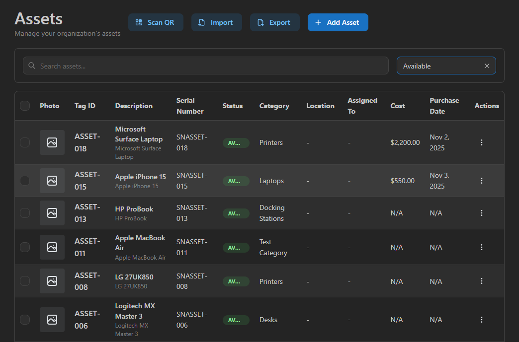 Asset grid view with filtering