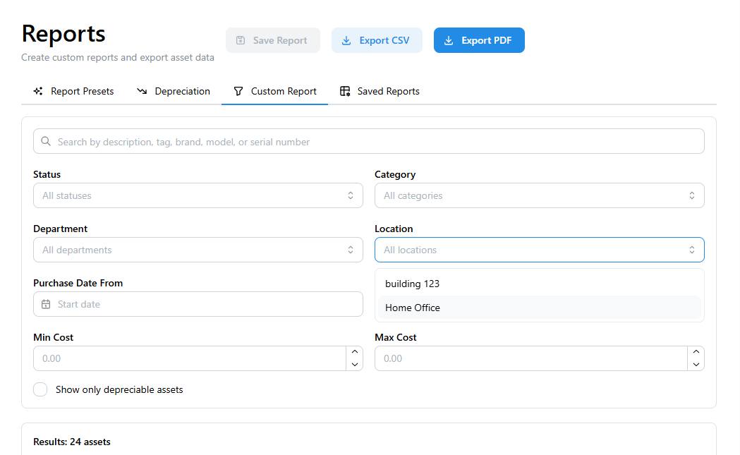 Location tree structure with asset counts